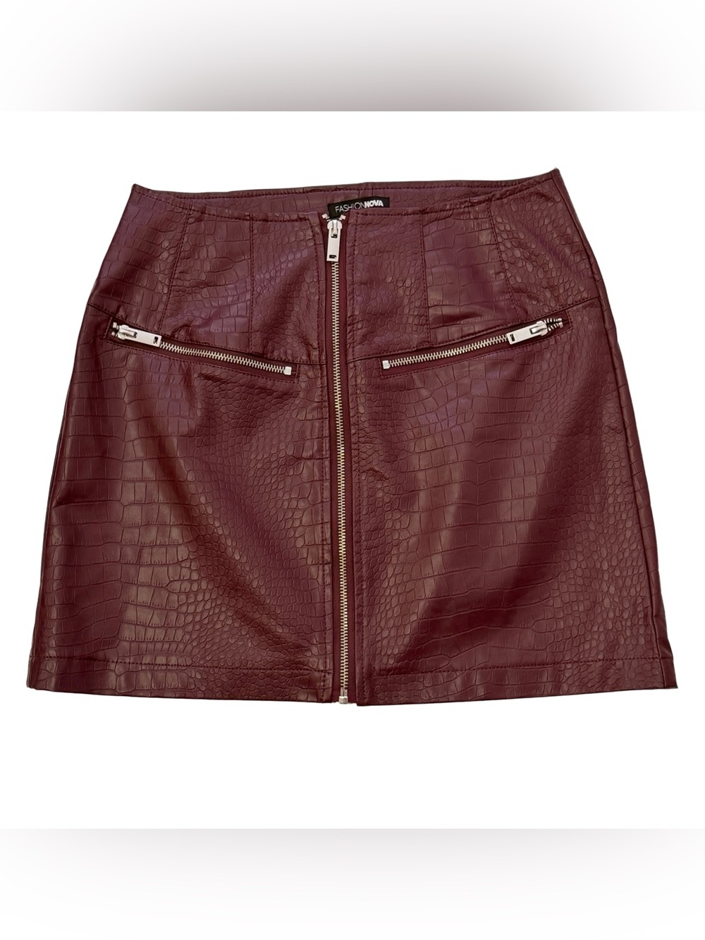 Wine Burgundy Croc-Embossed Faux Leather Mini Skirt Front Zip Size small